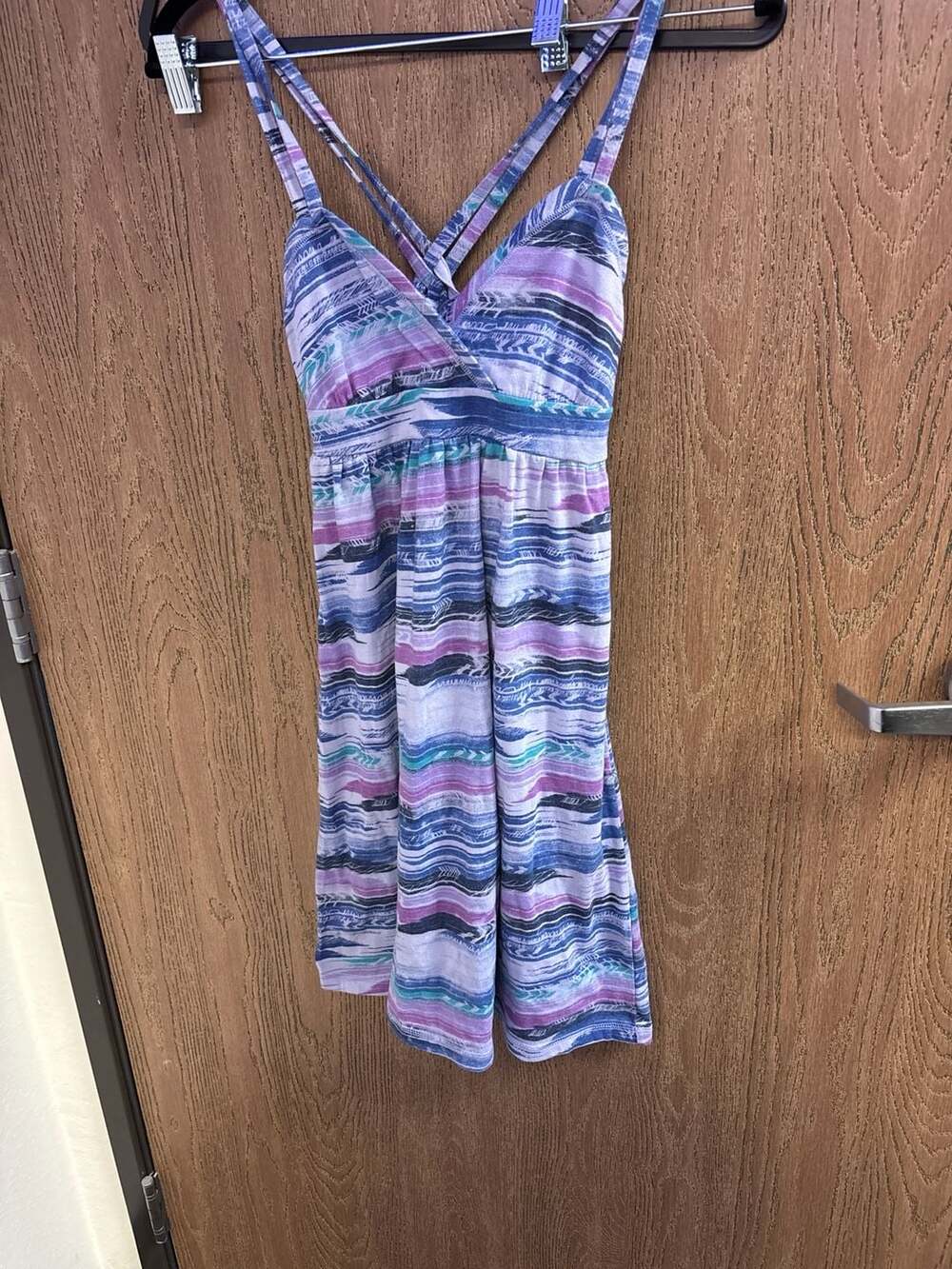 SO Juniors' Empire Waist Cross-Back Mini Dress Purple Blue Abstract Stripe